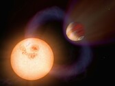 An image showing an exoplanet and a star in the universe.