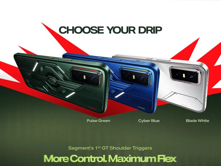 The Infinix GT 30 is available in pulse green, cyber blue, and blade white colorways (Image source: Infinix)