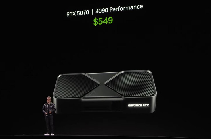 Jensen Huang revealing the RTX 5070 with RTX 4090 performance. (Image source: Nvidia)
