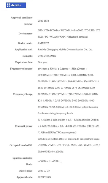 The RMX2072's new certifications. (Source: TENAA, MIIT via MySmartPrice)