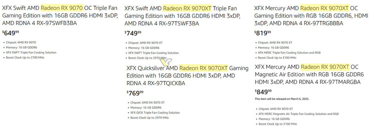 Placeholder prices for XFX RX 9070 and RX 9070 XT cards. (Image source: VideoCardz)