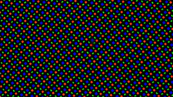 The OLED display uses an RGGB sub-pixel matrix consisting of one red, one blue and two green LEDs.