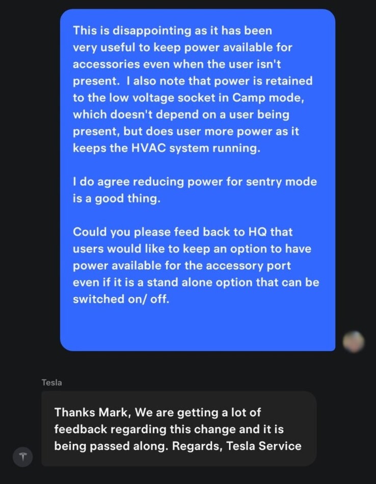 Tesla Service responds to the powering down of 12V and USB ports in Sentry Mode
