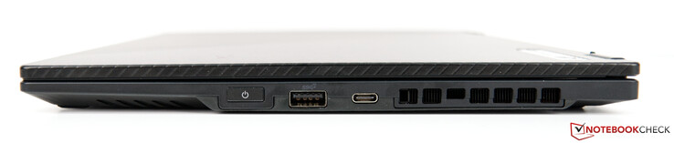 Right: Power button, 1x USB 3.2 Gen 2 Type-A, 1x USB 3.2 Gen 2 Type-C supporting DisplayPort/Power Delivery, air vents