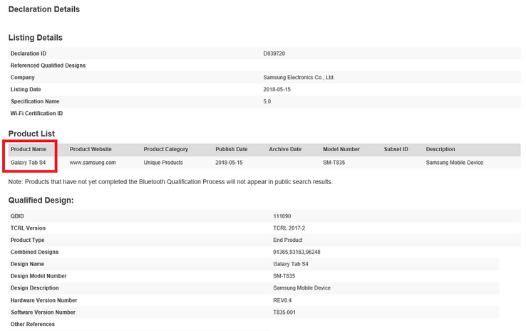 Galaxy Tab S4 product name confirmation. (Source: Bluetooth Launch Studio)