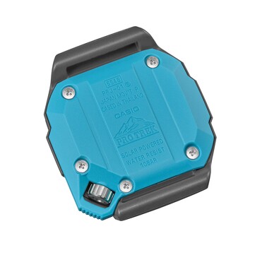 Rear view of the turquoise Casio Pro Trek PRJ-01AE-8 caseback showing the Pro Trek logo
