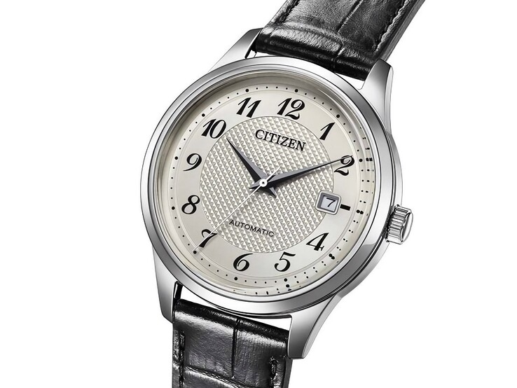 Front view of the Citizen NJ0250-01B automatic watch with a silver dial, black Arabic numerals, date window, and black leather strap.