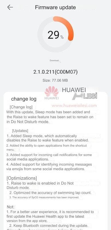 Huawei Watch Fit 2 software version 2.1.0.211 changelog. (Image source: Huawei Ailesi with Google Translate)