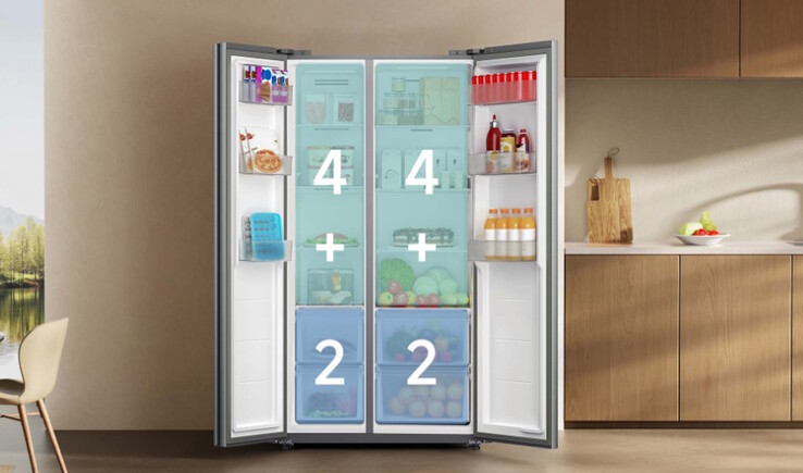The side-by-side unit offers a generous total capacity of 621 liters