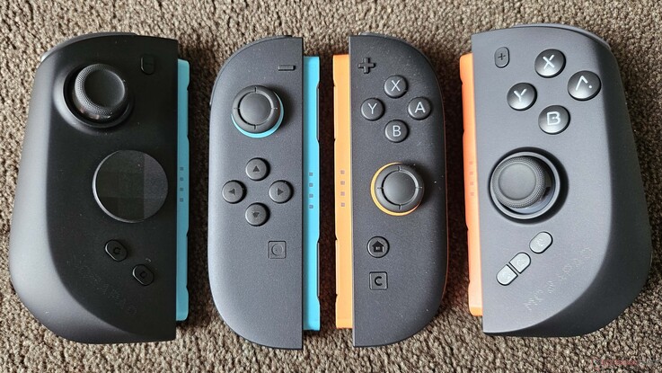 A comparison with the original Joy-Cons reveals the significant difference in size between the M12S controllers.