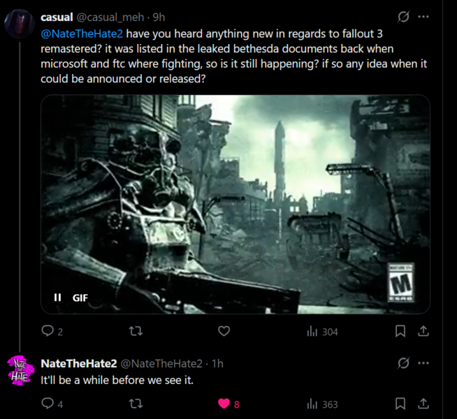 NateTheHate X post on Fallout 3 remaster (Image source: screenshot, NateTheHate2 X account)