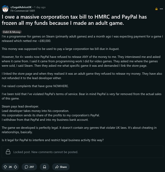 PayPal dispute with adult game programmer Reddit post (Image source: screenshot, Legal Advice UK subreddit)