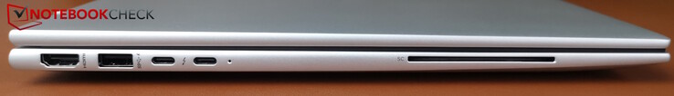 Left: HDMI 2.1, USB-A (5 Gbps), 2x USB-C Thunderbolt 4 with PD and DP (40 Gbps)