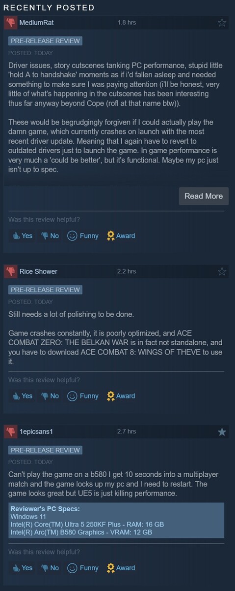 Negative Ace Combat 8: Wings of Theve Steam reviews shown