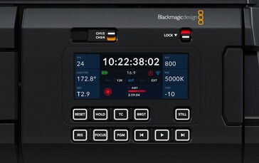 Dual 5" FHD LCD touchscreen monitors on the camera allow an assistant to monitor the recording along with the camera operator. (Source: Blackmagic)