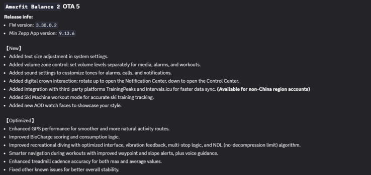 The release notes for software version 3.30.0.2 for the Amazfit Balance 2 smartwatch. (Image source: Amazfit via Discord)