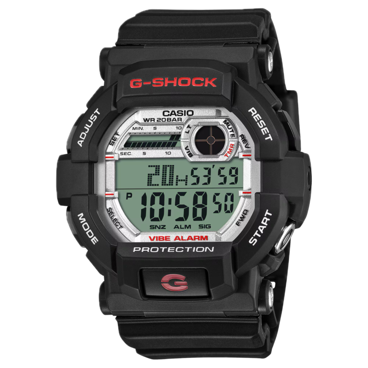 Front view of the G-Shock GD-350S showcasing its black case and digital display.
