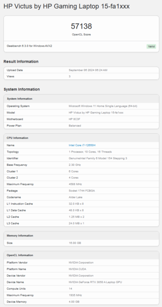 Nvidia GeForce RTX 3050 A Geekbench OpenCL score (image source: Geekbench)