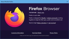 Firefox Browser 74 for Windows - About window (Source: Own)