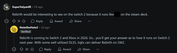 NateTheHate2 leak on Final Fantasy 7 Rebirth Switch 2 and Xbox release date (Image source: screenshot, GamingLeaksandRumours suvbreddit)