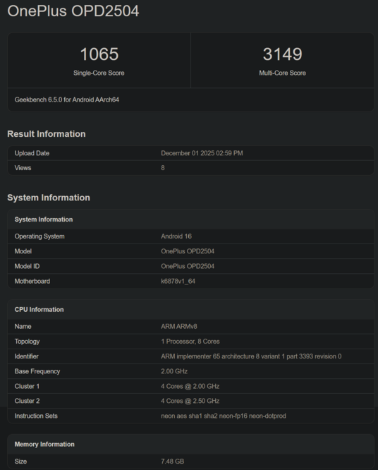 OnePlus Pad Go 2 Geekbench listing (image source: Geekbench)