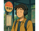 An AI generated illustration in the style of works from Studio Ghibli. It shows a young man sitting serenely at a bus station while listening to music. (Image Source: Generated with ChatGPT)