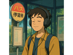An AI generated illustration in the style of works from Studio Ghibli. It shows a young man sitting serenely at a bus station while listening to music. (Image Source: Generated with ChatGPT)