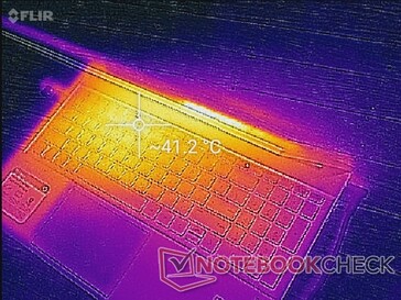 No exhaust through the edges or rear of the chassis. Instead, heat escapes upwards towards the front of the display