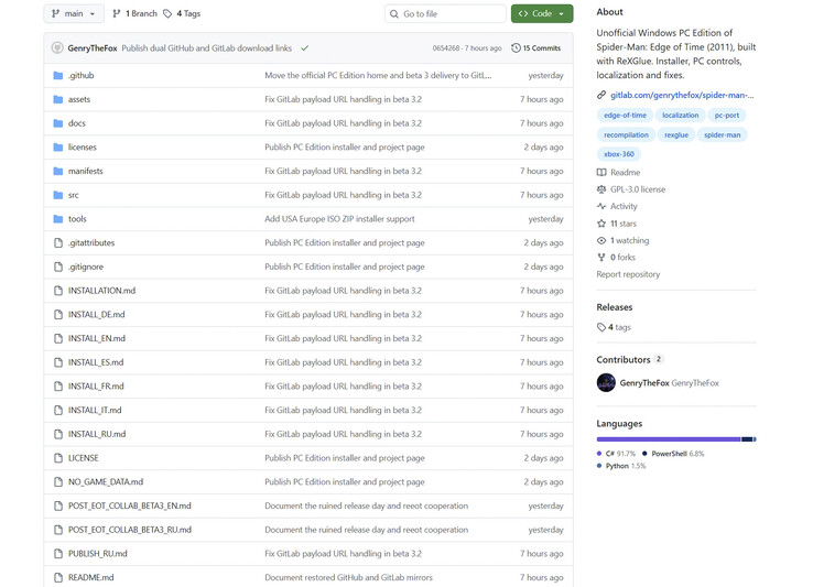 The Spider-Man: Edge of Time PC Edition repository is publicly accessible again and shows recent development activity