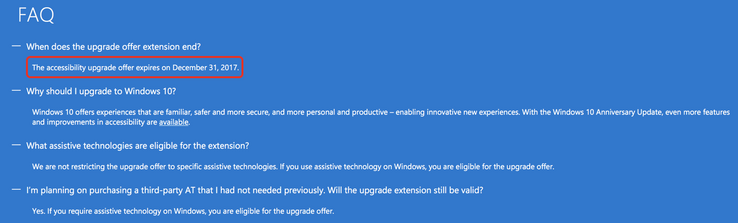 Microsoft's assistive technology for Windows 10 upgrade FAQ. (Source: onMSFT)