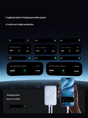 The power bank shows charging notifications on the Dynamic Island