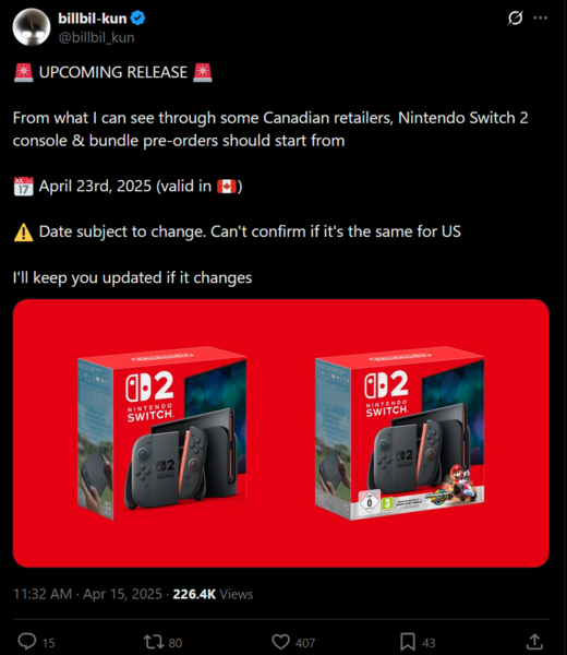 Billbil-kun Canada Switch 2 pre-order update X post (Image source: Billbil-kun X account)