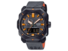 The Casio Pro Trek PRW-6900TFS series (pictured) comes with a dark grey case and dial, accented by orange markers and hands. (Image source: @morgan_gshock on Instagram)