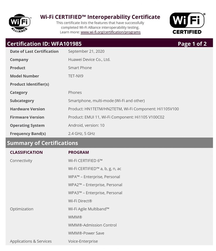 The Wi-Fi certificate for the "Huawei Mate X2". (Source: Wi-Fi Alliance via MyFixGuide)