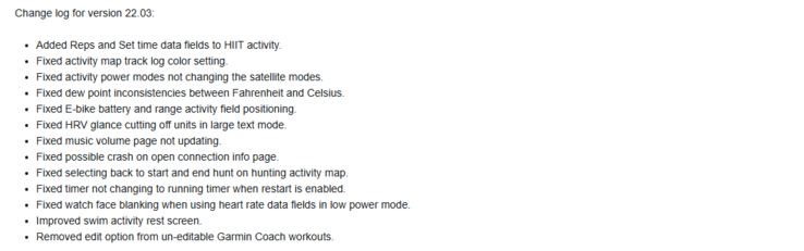 The release notes for the Garmin beta version 22.03 update for the Fenix 7. (Image source: Garmin)