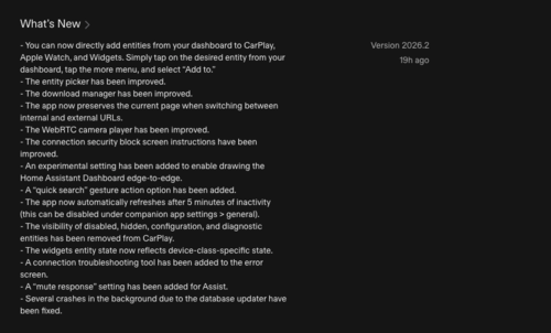 The change log for Home Assistant iOS app version 2026.2