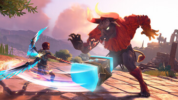 An image showing a battle against a minotaur in Immortals Fenyx Rising.