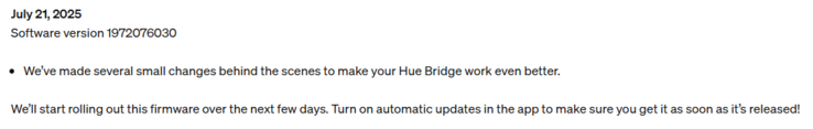 The release notes for The Philips Hue Bridge firmware version 1972076030. (Image source: Philips Hue)