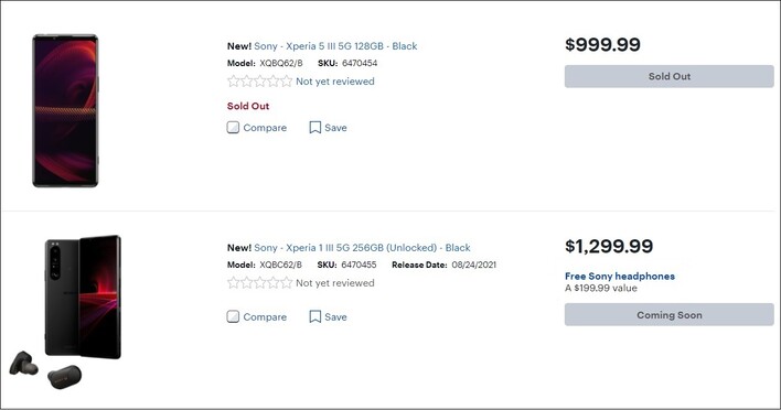 Sony Xperia 5 III and Xperia 1 III prices. (Image source: Best Buy)