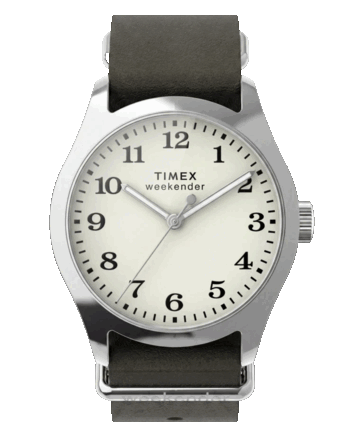 Timex Weekender New England TW2Y86600 featuring a 34mm silver-tone case, cream dial, and dark green leather strap.