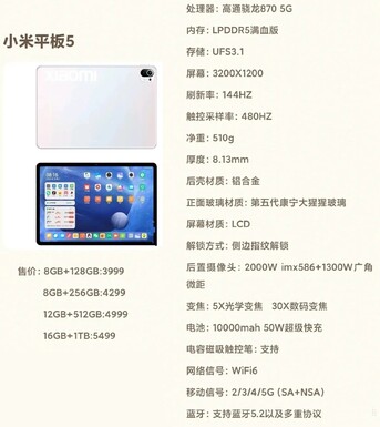 Alleged Mi Pad 5 specs and prices. (Image source: MyDrivers - edited)