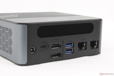Rear: AC adapter port, USB-C 4.0 w/ Power Delivery + DisplayPort (8K@60 Hz), HDMI 2.0 (4K@60 Hz), DisplayPort 1.4 (4K@144 Hz), 2x USB-A 3.2 Gen. 2 (10 Gbps), 2x RJ-45 (2.5 Gbps)