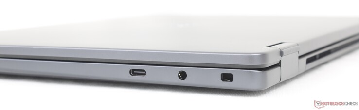 Right: USB-C 3.2 Gen.2 (20 Gbps) w/ DisplayPort 1.4 + Power Delivery, 3.5 mm headset, Noble lock