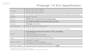 MSI Prestige 14 Evo - Specifications.  (Source: MSI)