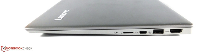 right: MicroSD-cardslot, USB 3.1 Gen1 Typ C, USB 3.0 Typ A, HDMI