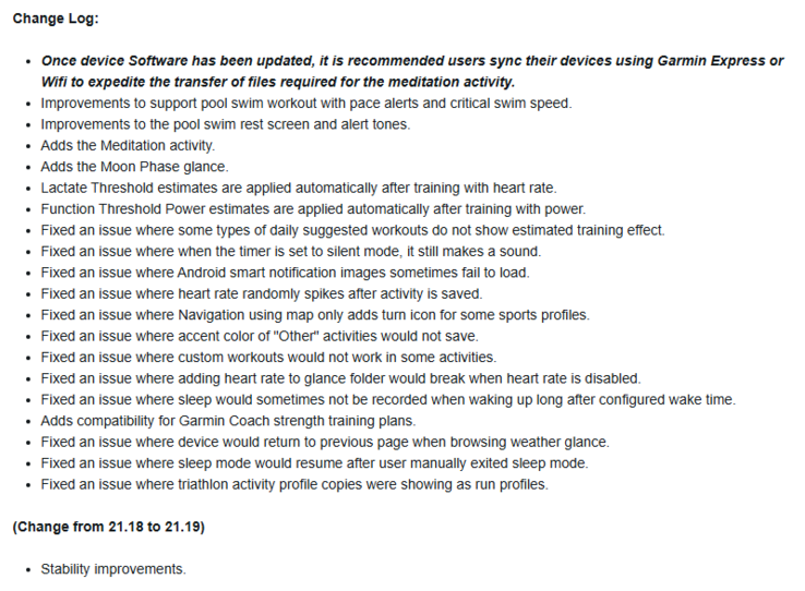 The change log for beta update 21.19 for various Garmin Forerunner smartwatches. (Image source: Garmin)