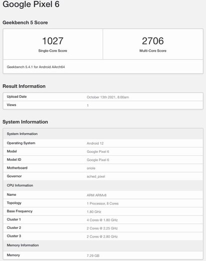 Google Pixel 6. (Image source: Geekbench via MySmartPrice)