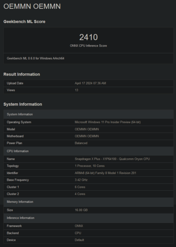 Snapdragon X Plus X1P64100 Geekbench scores (image via Geekbench)
