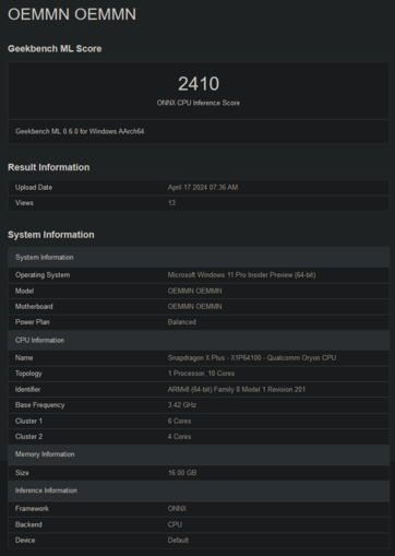 Snapdragon X Plus X1P64100 Geekbench 分数（图片来自 Geekbench）