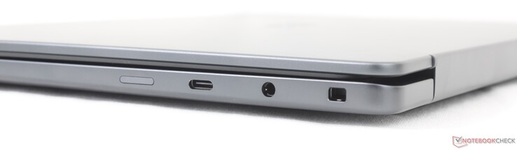 Right: SIM slot (optional), USB-C 3.2 Gen. 2 (20 Gbos) w/ DisplayPort 1.4 + Power Delivery, 3.5 mm headset, Noble lock
